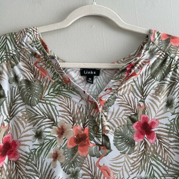 Links Size 1X Green Tan Tropical Pattern Top Flamingo Long Sleeves - Picture 3 of 6